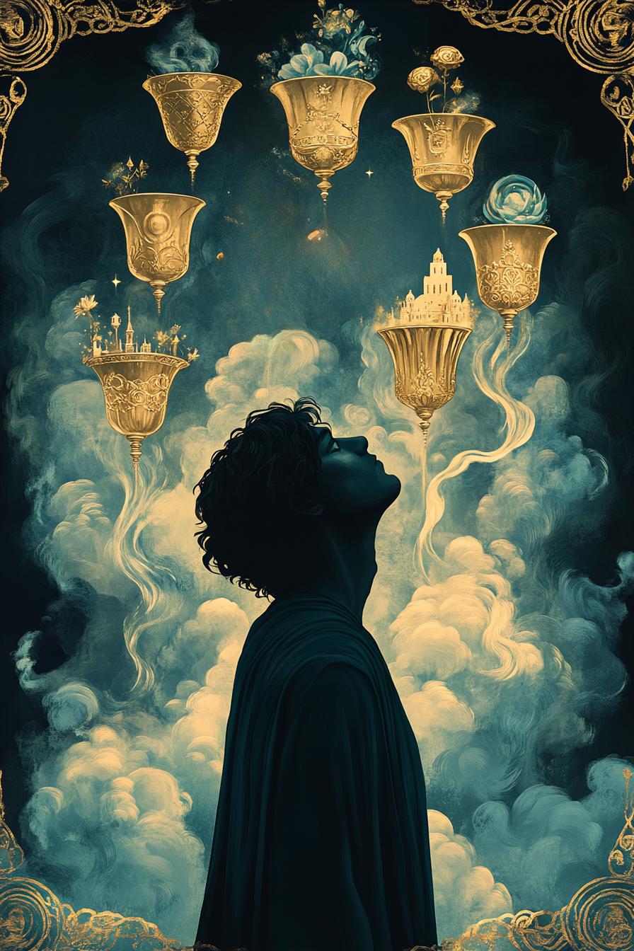 The Whispering Chalices of Illusion — Do the cards reflect desire or truth? The Seven of Cups invites us to discern between t
