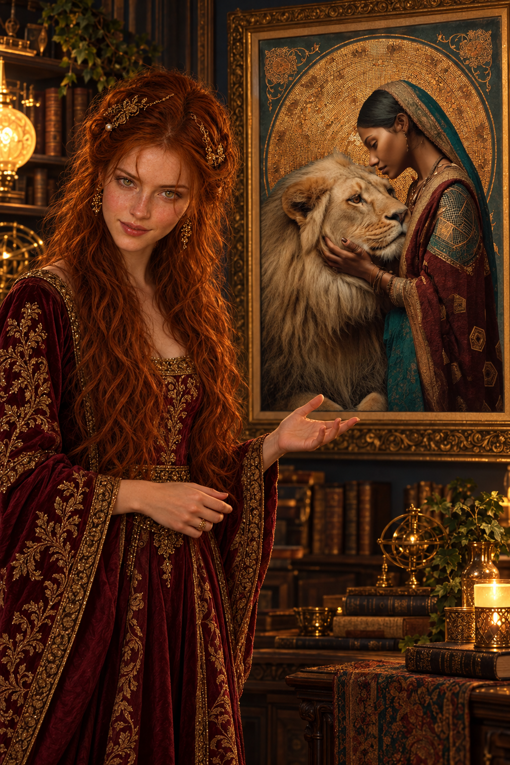 Tara Grace in a candlelit study, gesturing toward a painting of the Strength tarot card, a woman resting her forehead against a lion's brow, an image of taming rather than spiritual bypassing.