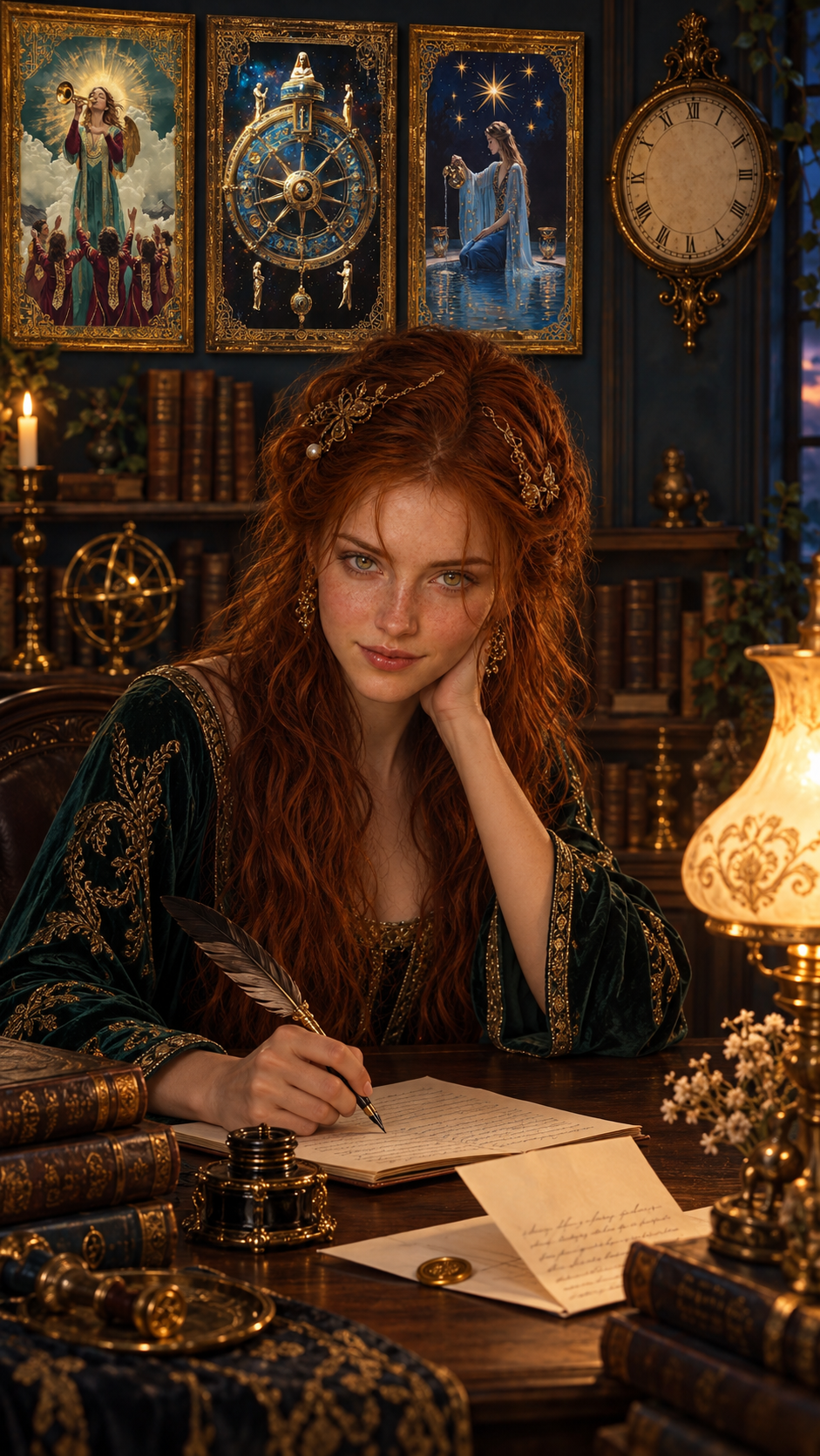 Tara Grace at a candlelit writing desk in a green and gold velvet gown, quill in hand over a handwritten page, framed tarot paintings and a Roman-numeral clock on the wall behind her.